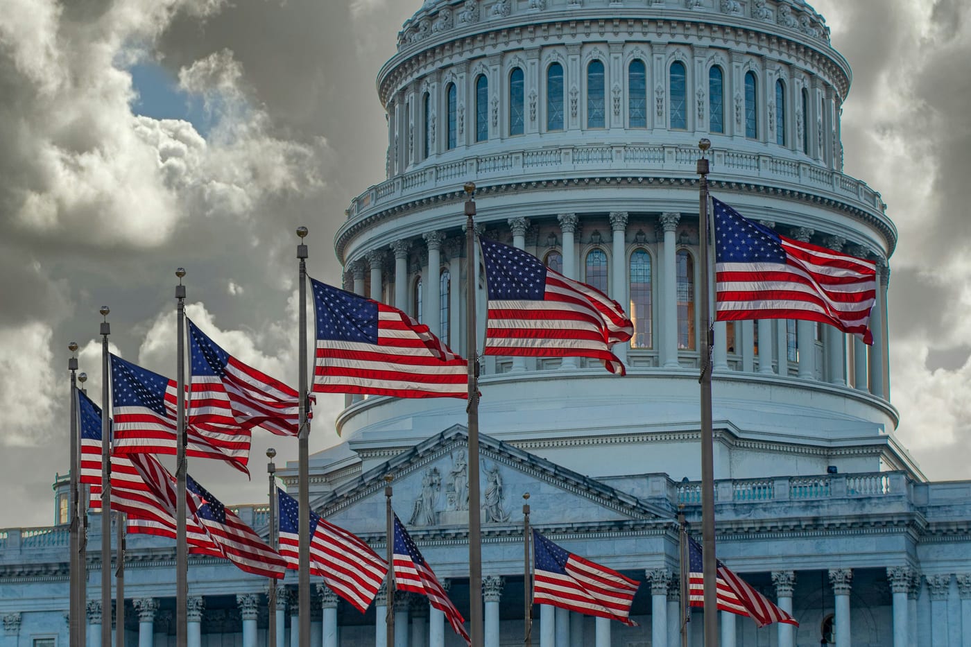 American flags flying at the U.S. Capitol